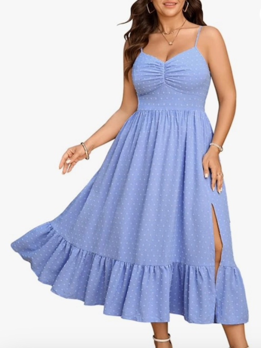 NWT! Blue polka dot midi dress with spaghetti straps